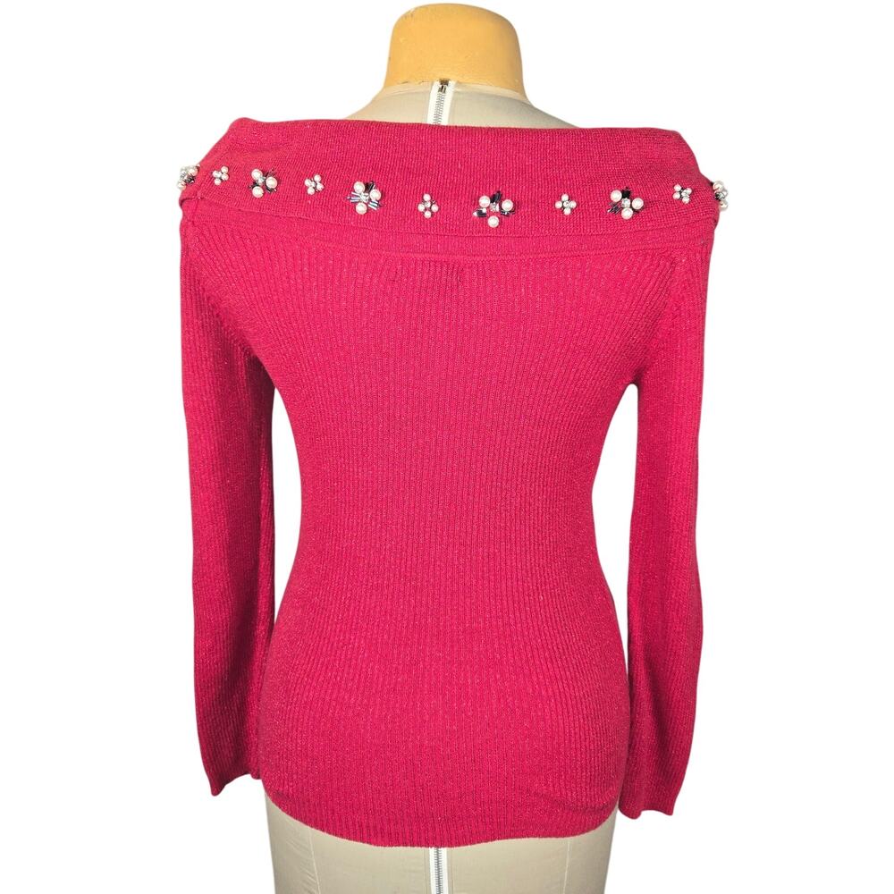 Lauren Michelle S Red Off Shoulder Embellished Sweater Beaded‎ Knit Top Holiday - Picture 4 of 9